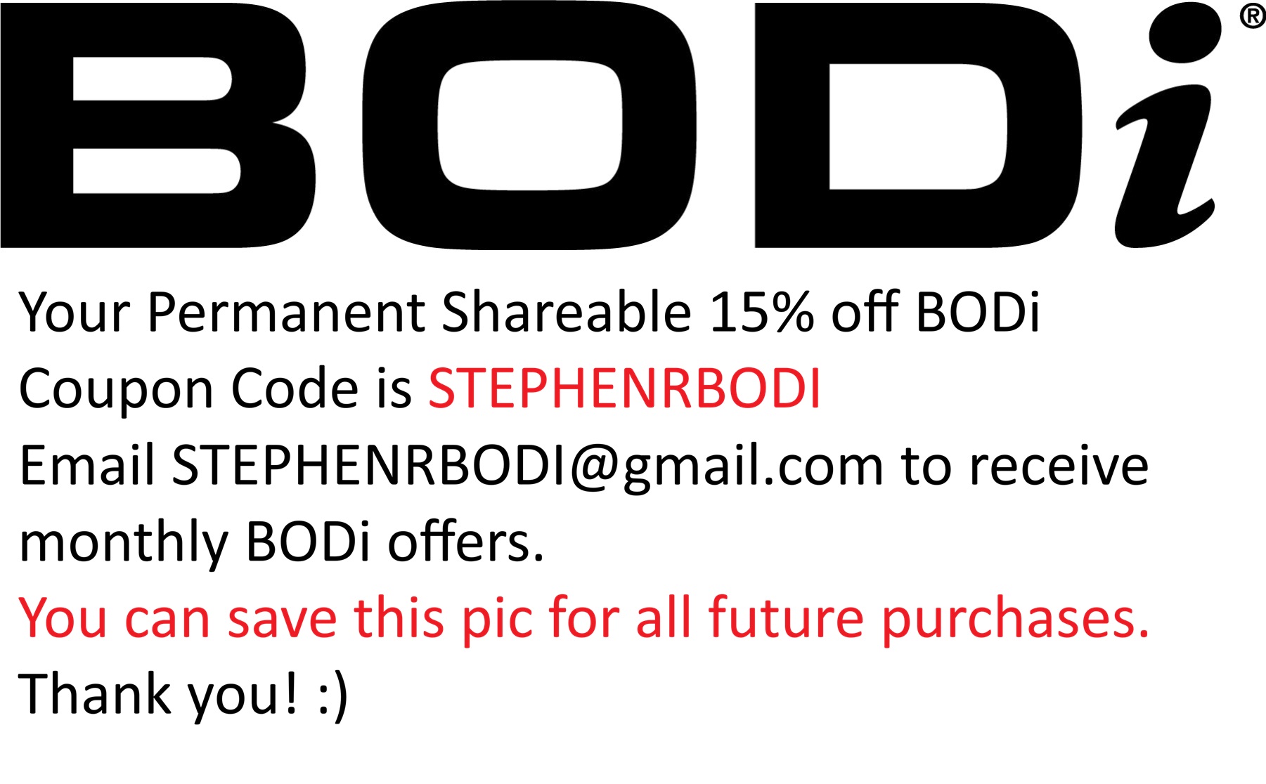 BODi permanent shareable coupon code STEPHENRBODI saveable